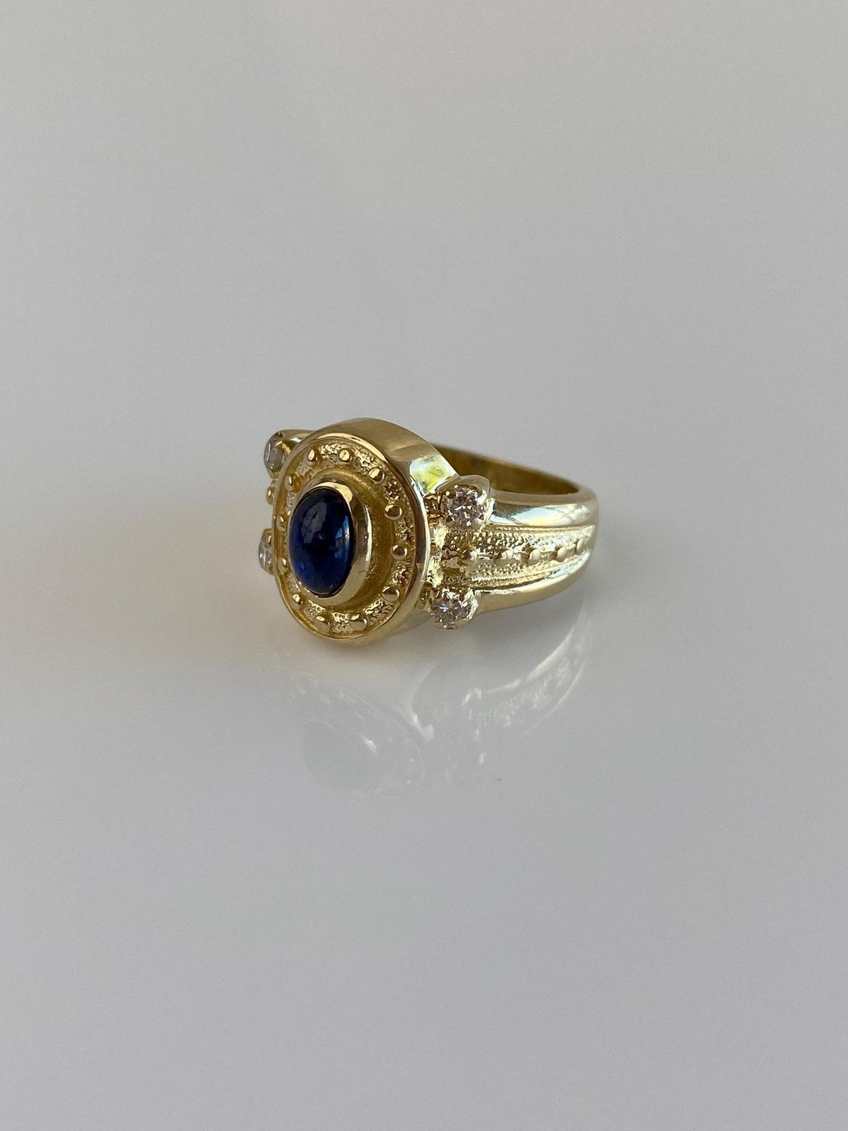 Vintage Solid 14k Yellow Gold Blue Sapphire Diamonds Designed Ring - Size 4.25