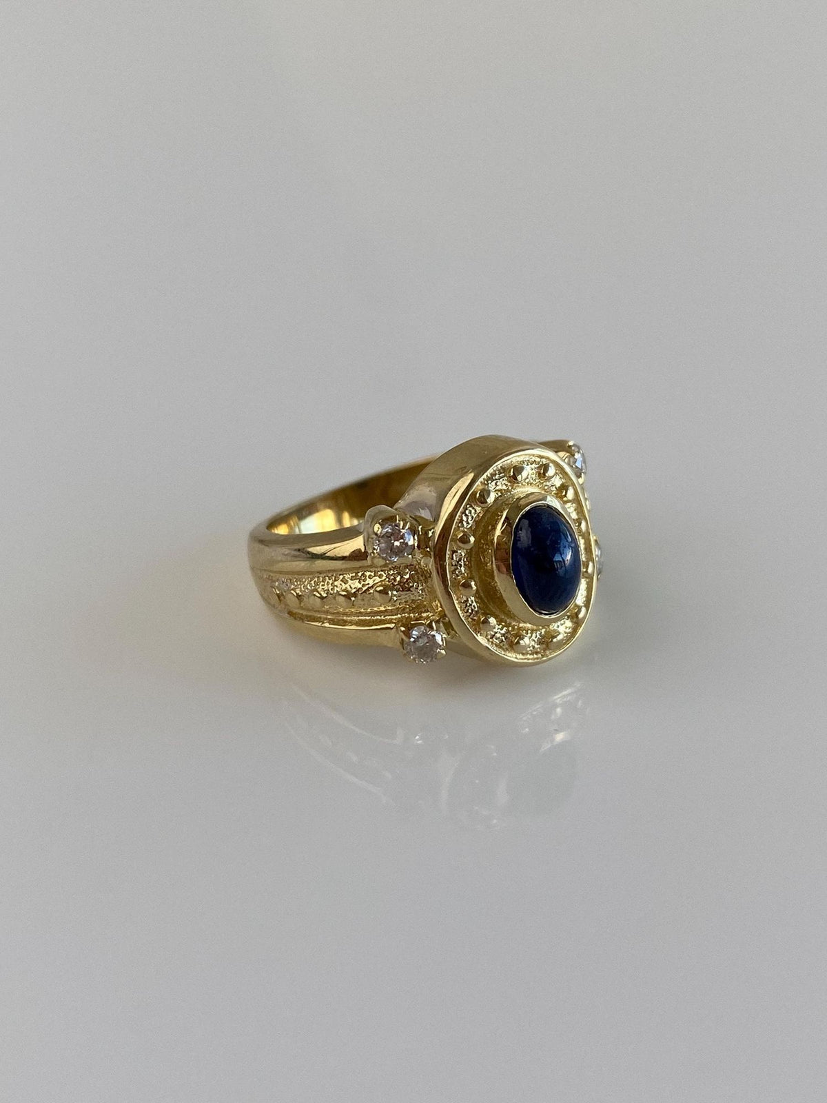 Vintage Solid 14k Yellow Gold Blue Sapphire Diamonds Designed Ring - Size 4.25