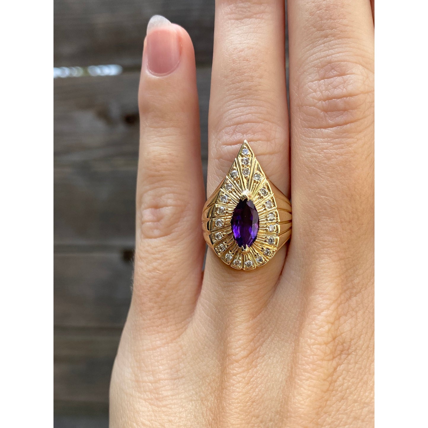 Vintage Solid 14k Yellow Gold Amethyst Diamond Halo Ring - Size 4