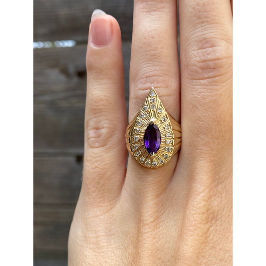 Vintage Solid 14k Yellow Gold Amethyst Diamond Halo Ring - Size 4