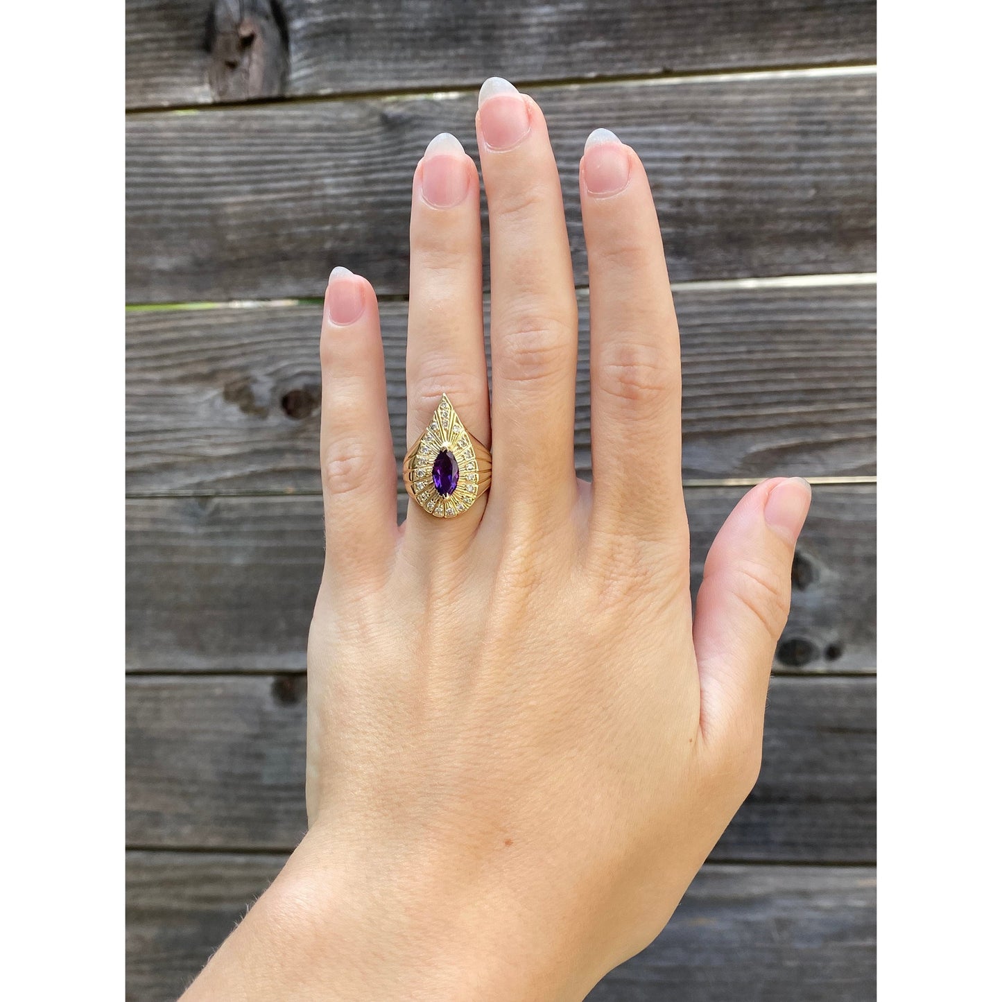 Vintage Solid 14k Yellow Gold Amethyst Diamond Halo Ring - Size 4