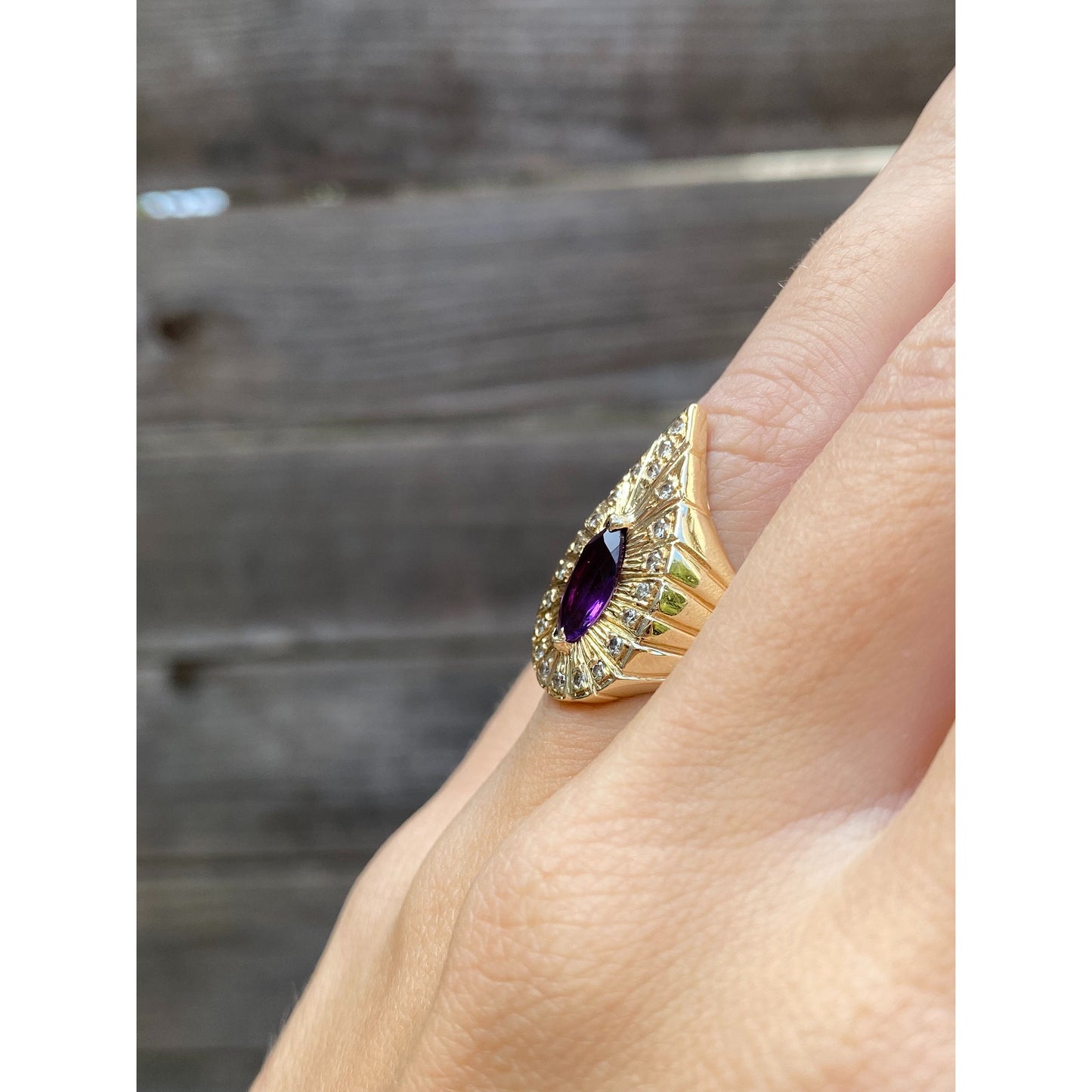Vintage Solid 14k Yellow Gold Amethyst Diamond Halo Ring - Size 4
