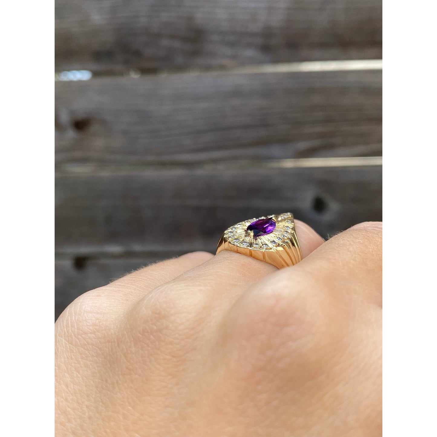 Vintage Solid 14k Yellow Gold Amethyst Diamond Halo Ring - Size 4