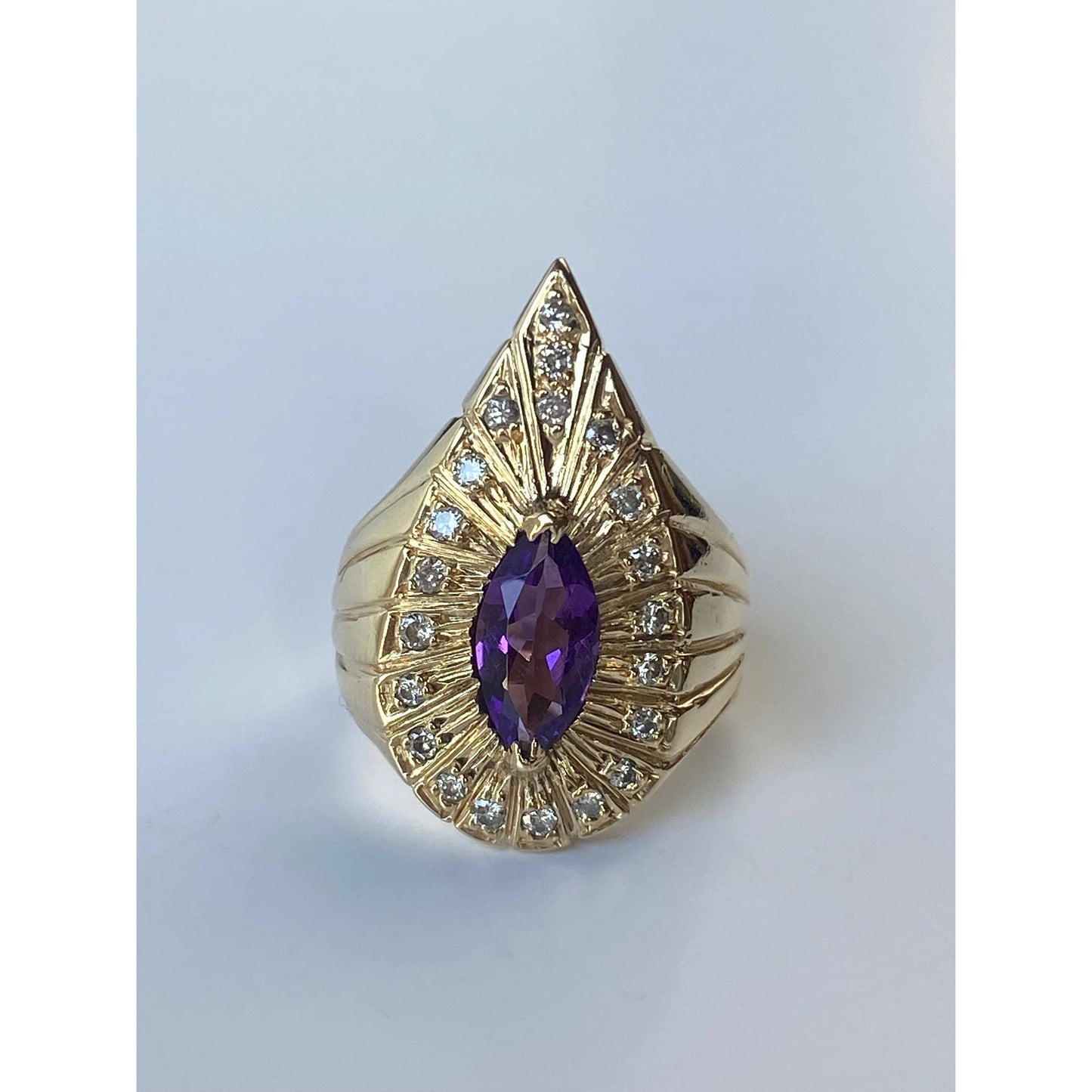 Vintage Solid 14k Yellow Gold Amethyst Diamond Halo Ring - Size 4