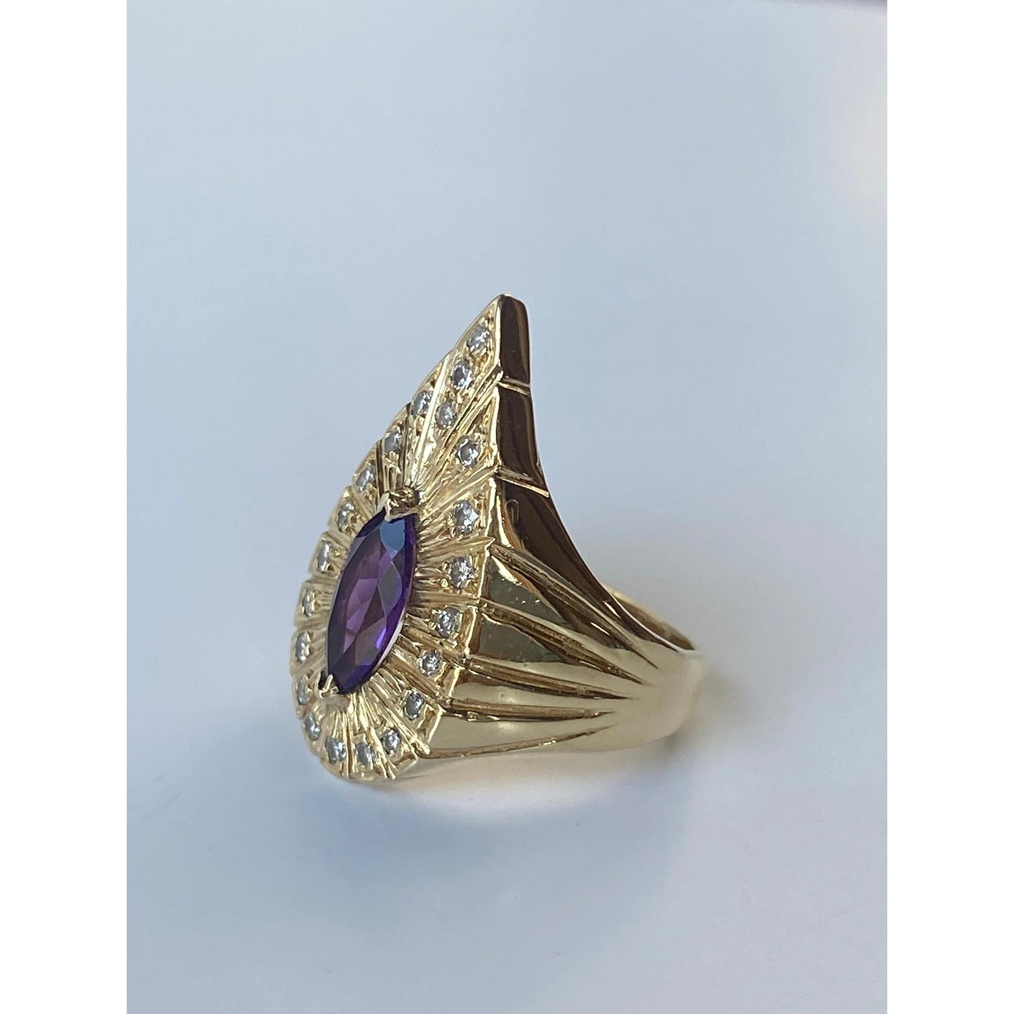 Vintage Solid 14k Yellow Gold Amethyst Diamond Halo Ring - Size 4