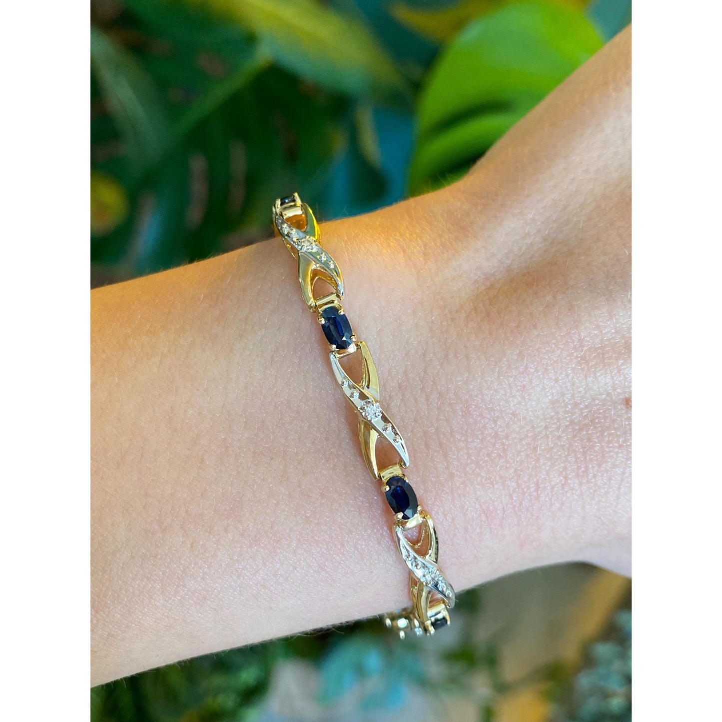 Solid 14k Yellow Gold Diamond Blue Sapphire Link Bracelet - 7.25 inches