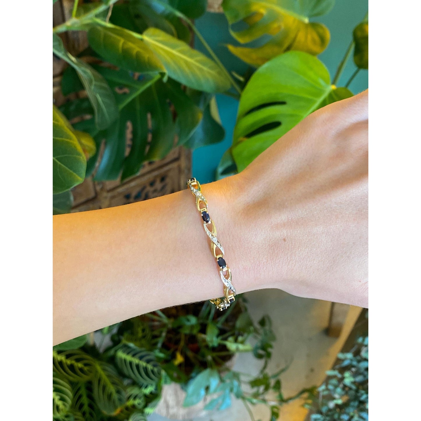 Solid 14k Yellow Gold Diamond Blue Sapphire Link Bracelet - 7.25 inches