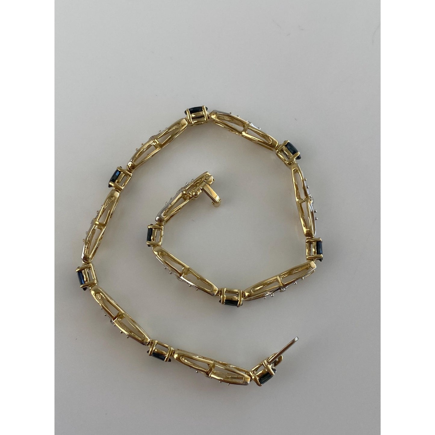 Solid 14k Yellow Gold Diamond Blue Sapphire Link Bracelet - 7.25 inches