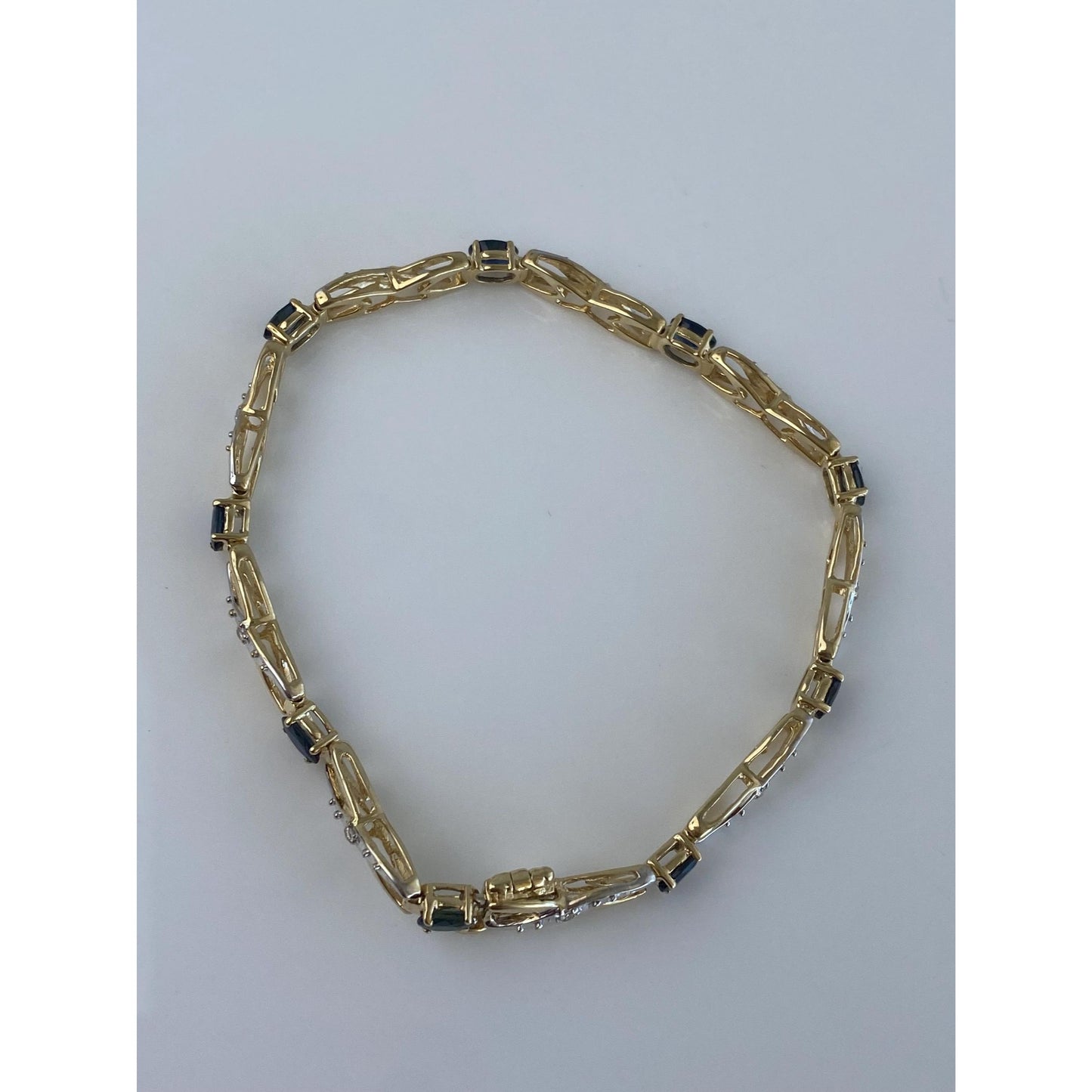 Solid 14k Yellow Gold Diamond Blue Sapphire Link Bracelet - 7.25 inches