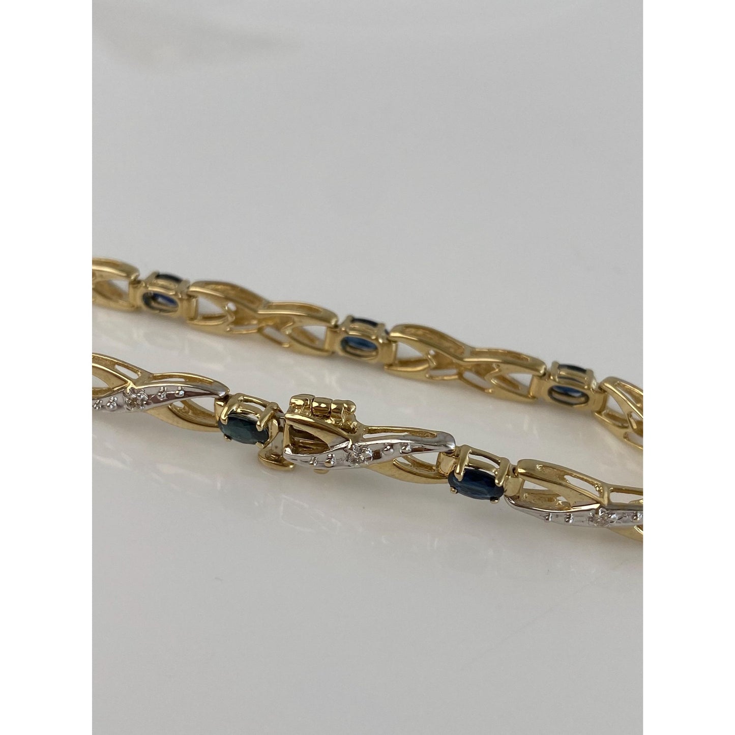 Solid 14k Yellow Gold Diamond Blue Sapphire Link Bracelet - 7.25 inches