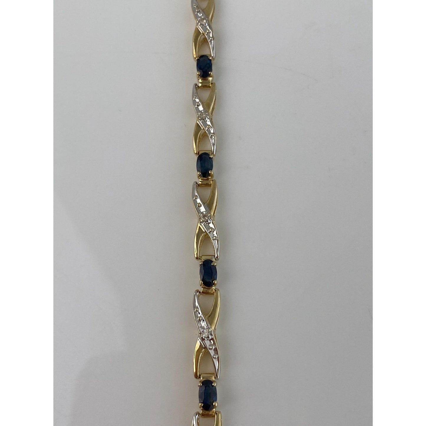 Solid 14k Yellow Gold Diamond Blue Sapphire Link Bracelet - 7.25 inches