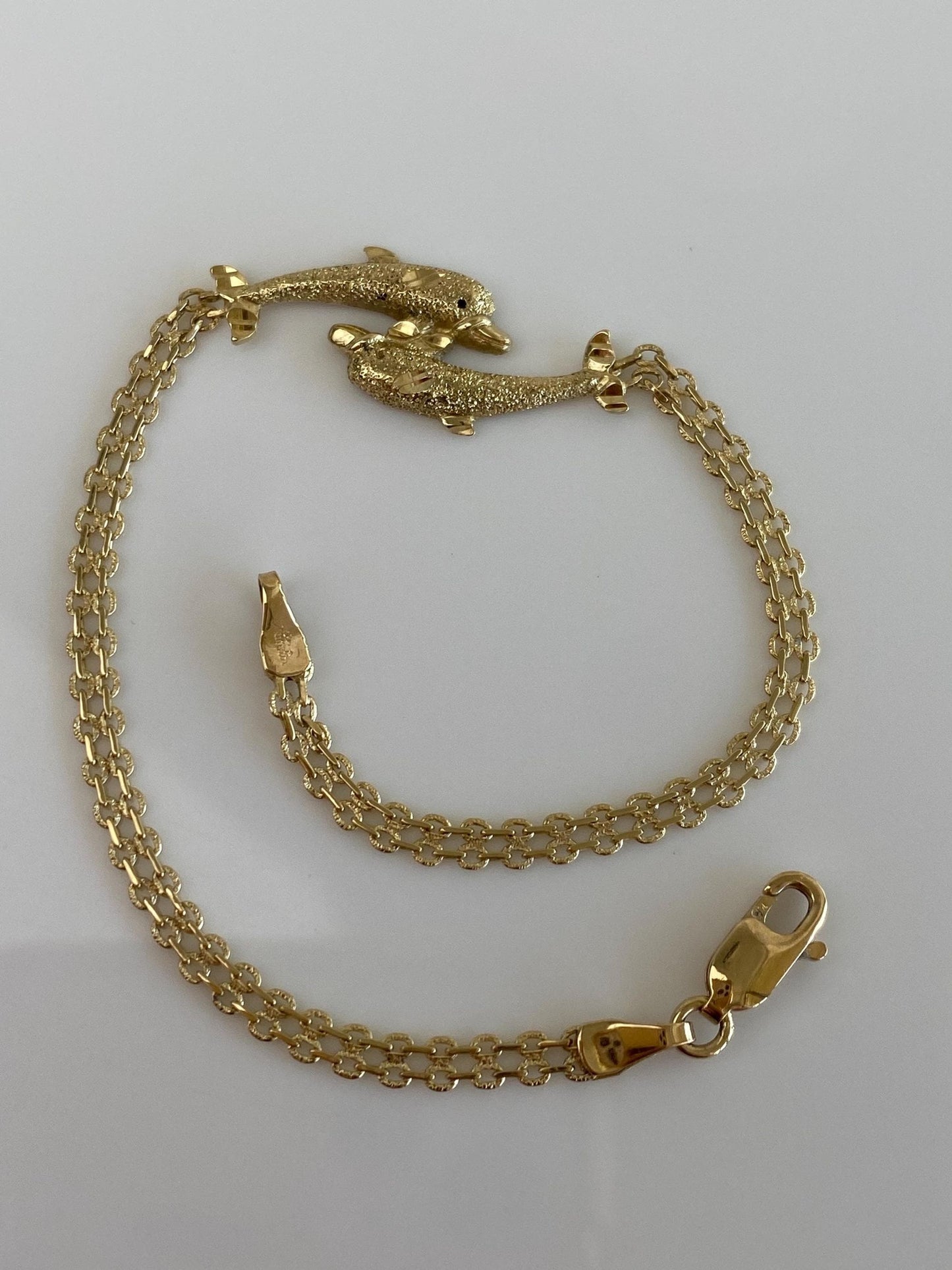 Vintage Solid 14k Yellow Gold Diamond Cut Dolphins Bismark Chain Bracelet - 7.25 inches
