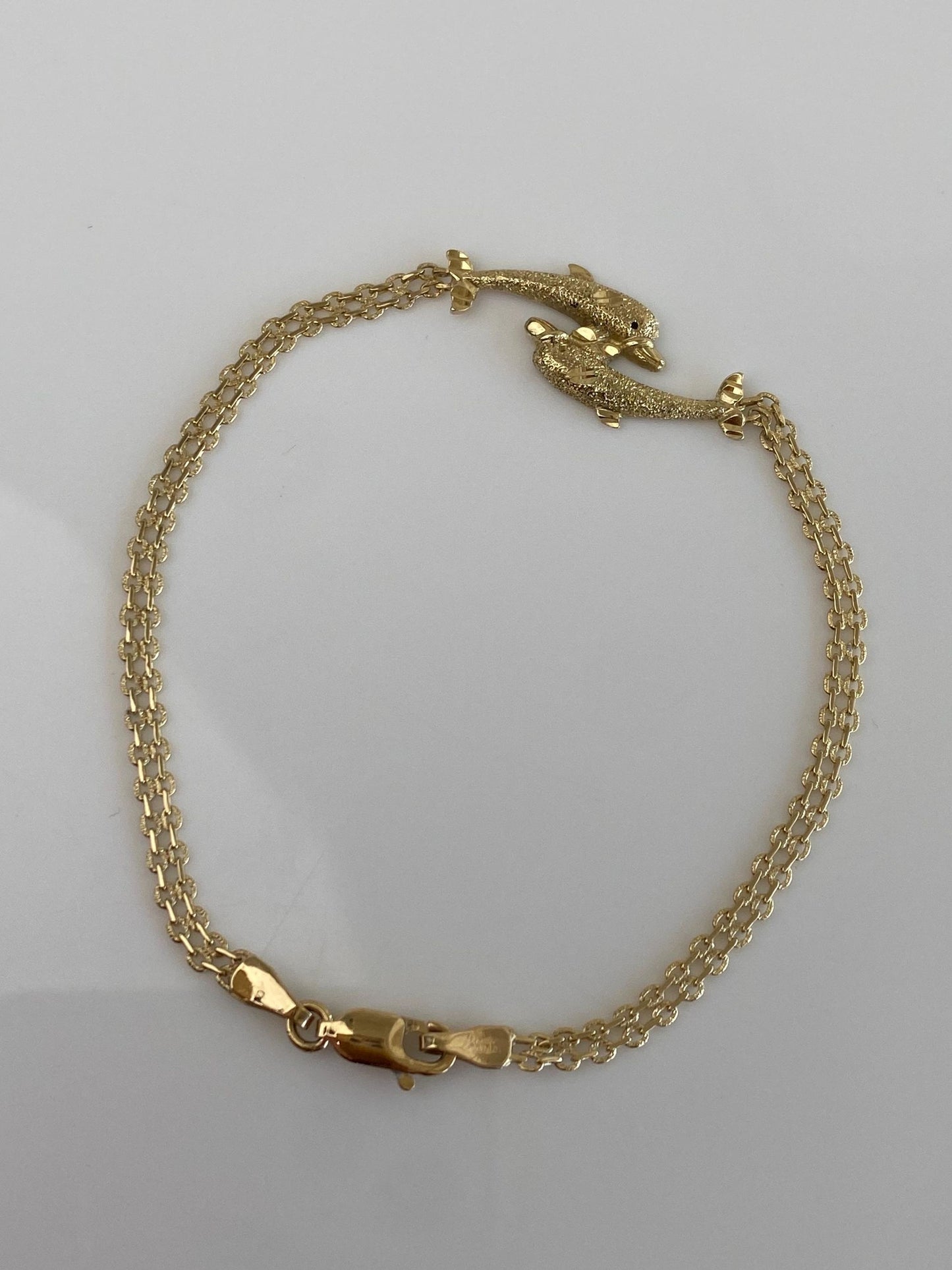 Vintage Solid 14k Yellow Gold Diamond Cut Dolphins Bismark Chain Bracelet - 7.25 inches