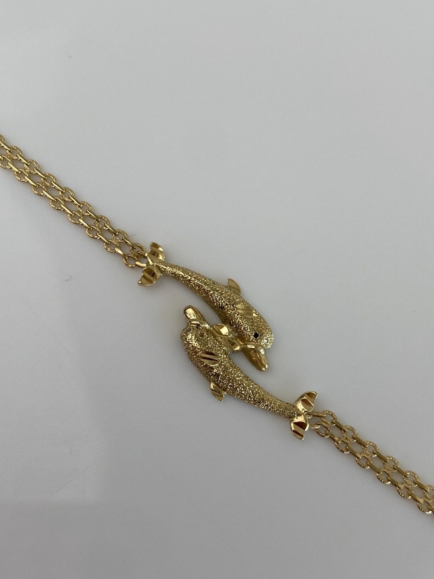 Vintage Solid 14k Yellow Gold Diamond Cut Dolphins Bismark Chain Bracelet - 7.25 inches