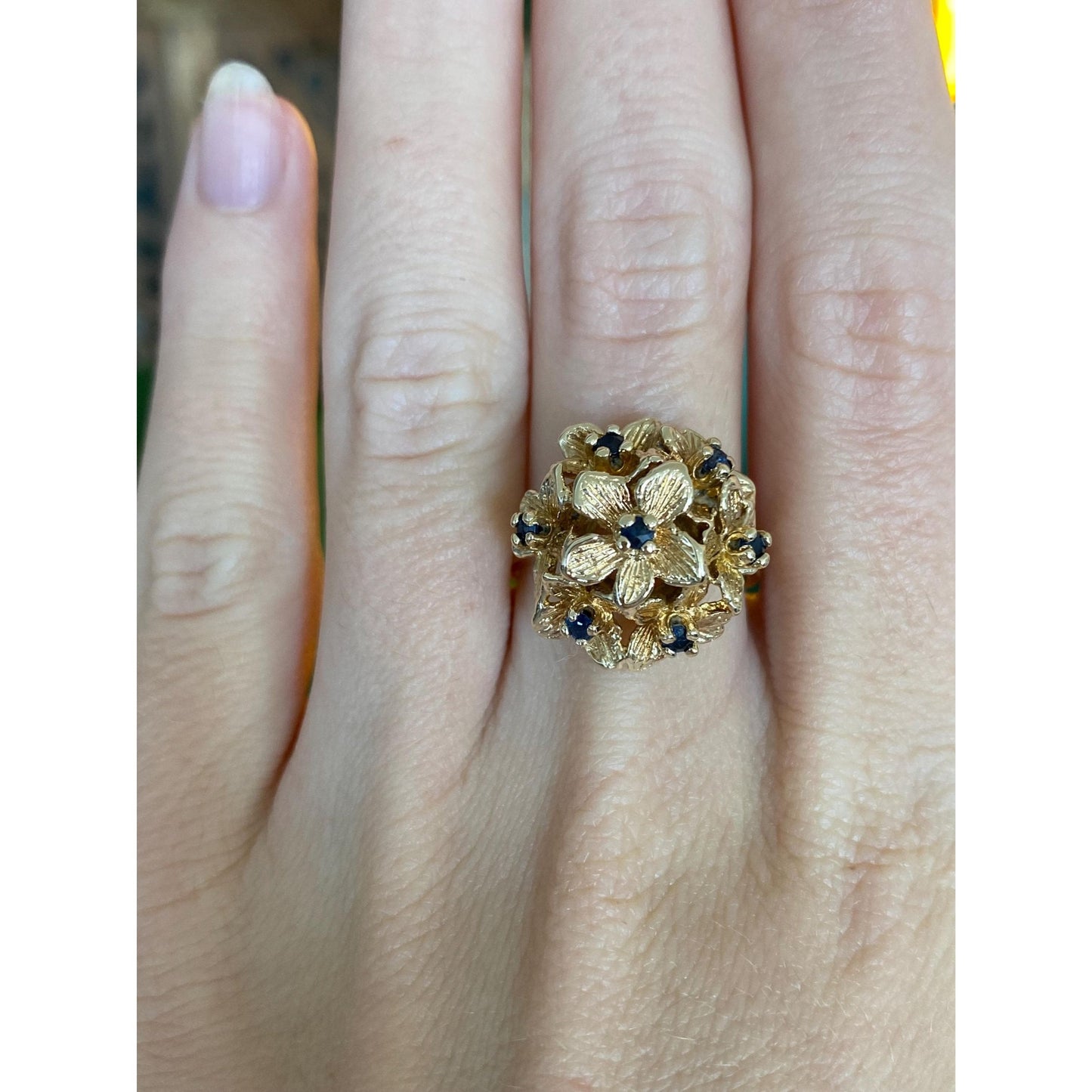 Vintage Solid 14k Yellow Gold Blue Sapphire Flower Bouquet Ring - Size 8