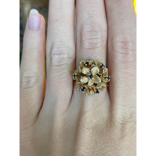 Vintage Solid 14k Yellow Gold Blue Sapphire Flower Bouquet Ring - Size 8
