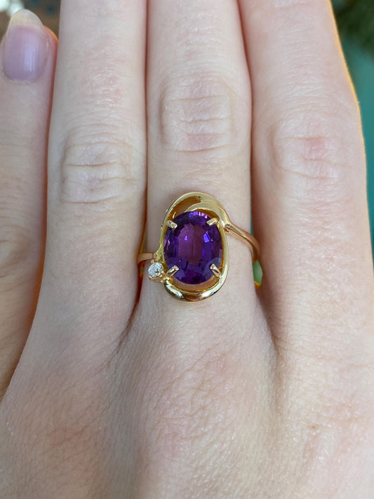 Vintage Solid 14k Yellow Gold Amethyst Clear Cubic Zirconia Ring - Size 6.75
