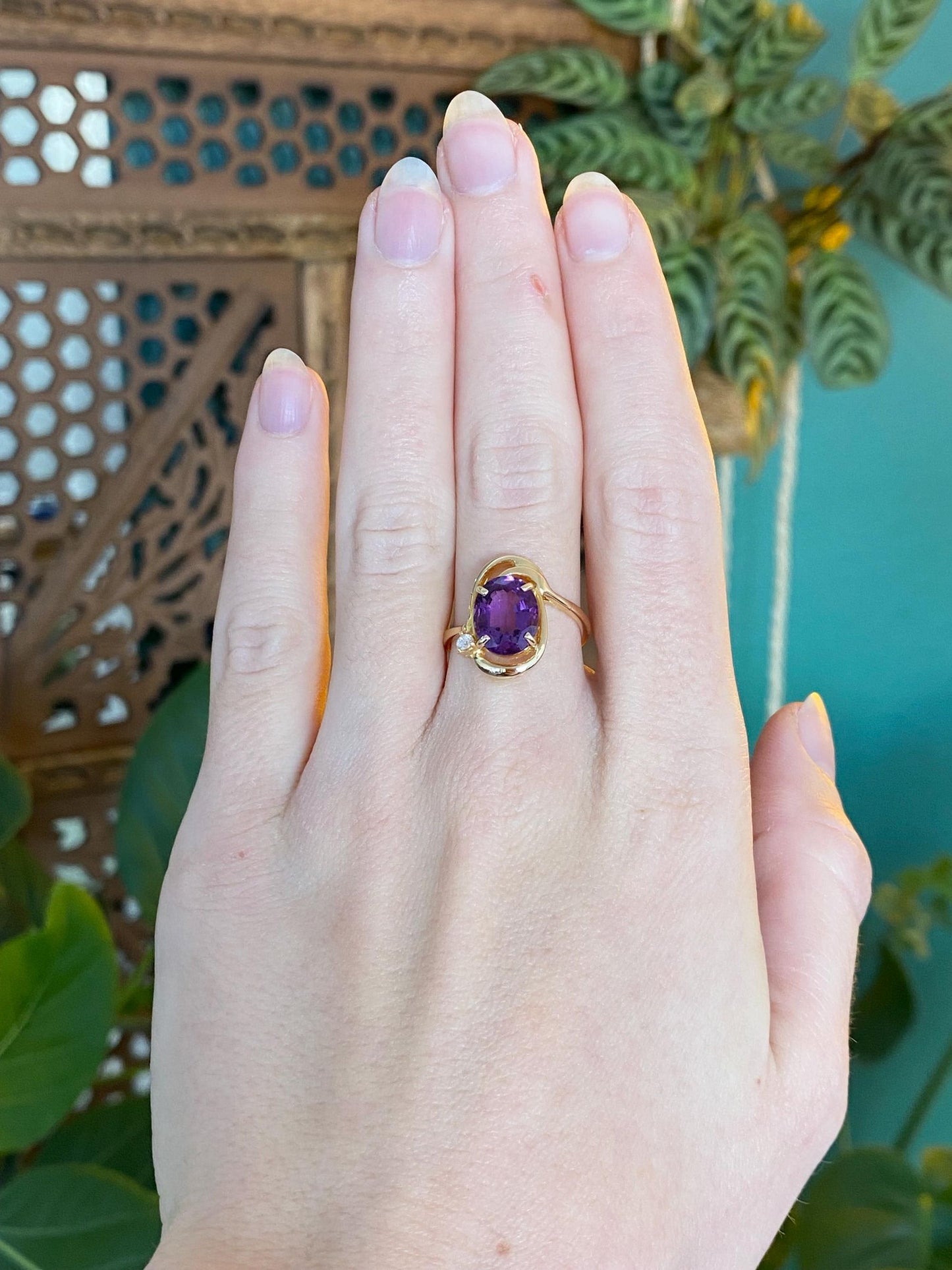 Vintage Solid 14k Yellow Gold Amethyst Clear Cubic Zirconia Ring - Size 6.75