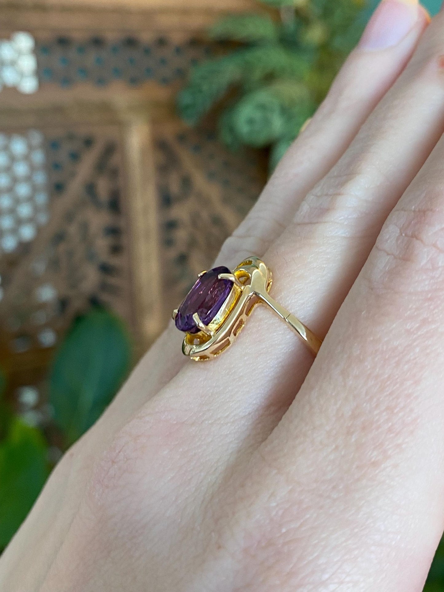 Vintage Solid 14k Yellow Gold Amethyst Clear Cubic Zirconia Ring - Size 6.75
