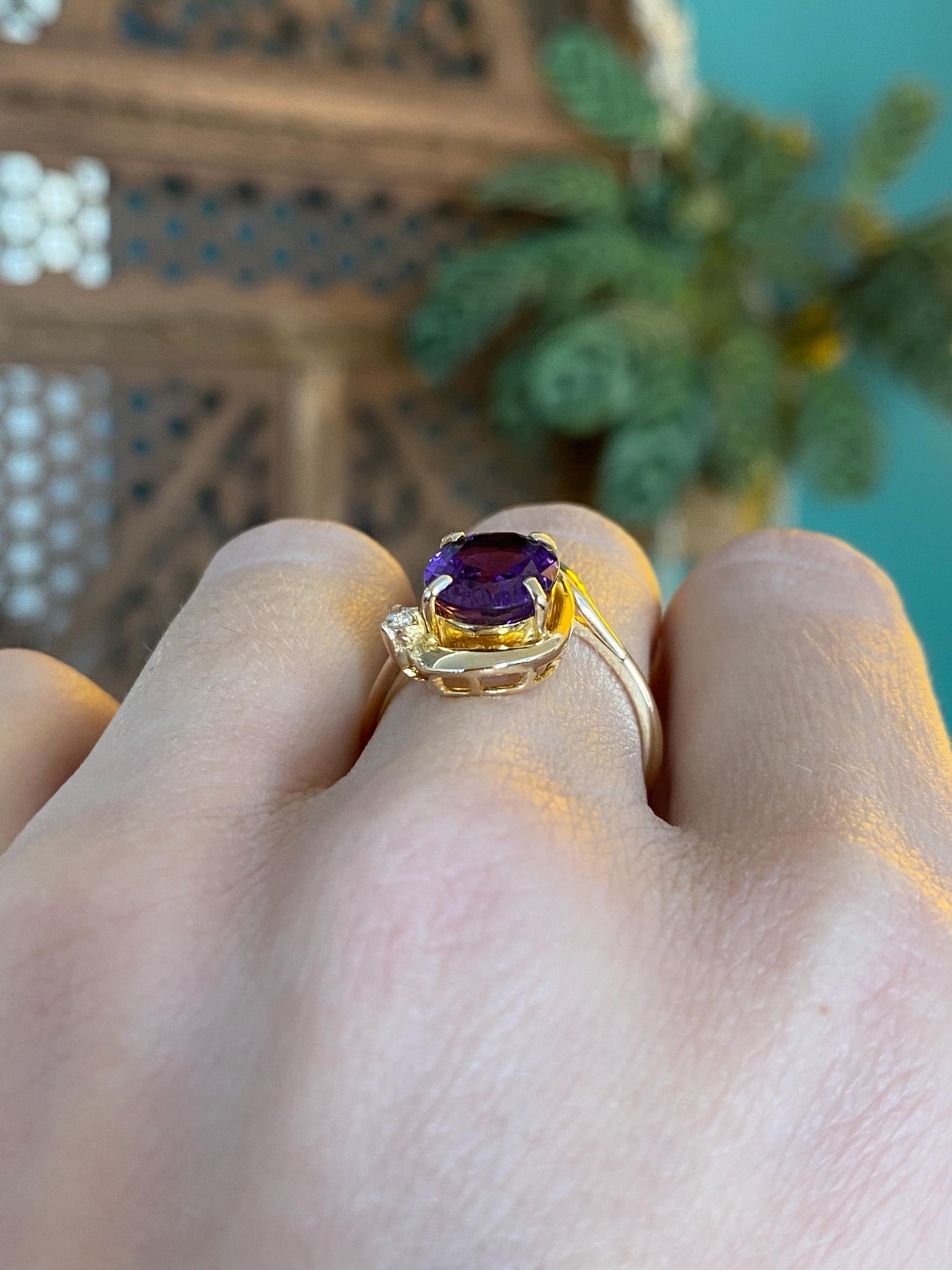 Vintage Solid 14k Yellow Gold Amethyst Clear Cubic Zirconia Ring - Size 6.75