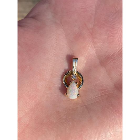 Solid 14k Yellow Gold Opal Diamond Charm