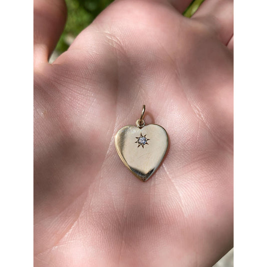 Vintage Solid 14k Yellow Gold Star Set Diamond Heart Charm