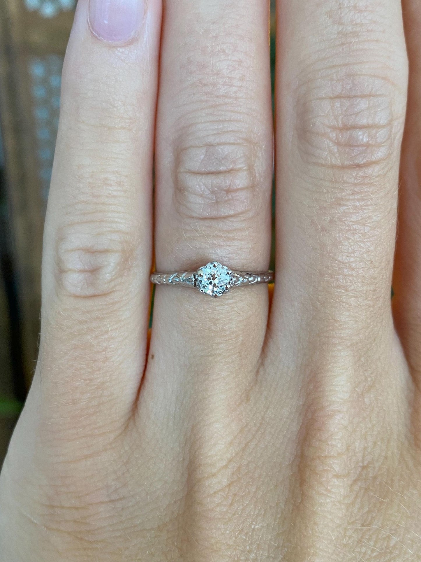 Vintage Solid 18k White Gold Old Mine Cut Diamond Designed Ring - Size 5.25