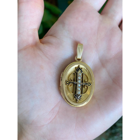 Vintage Solid 20k Yellow Gold Seed Pearls Enamel Locket Charm