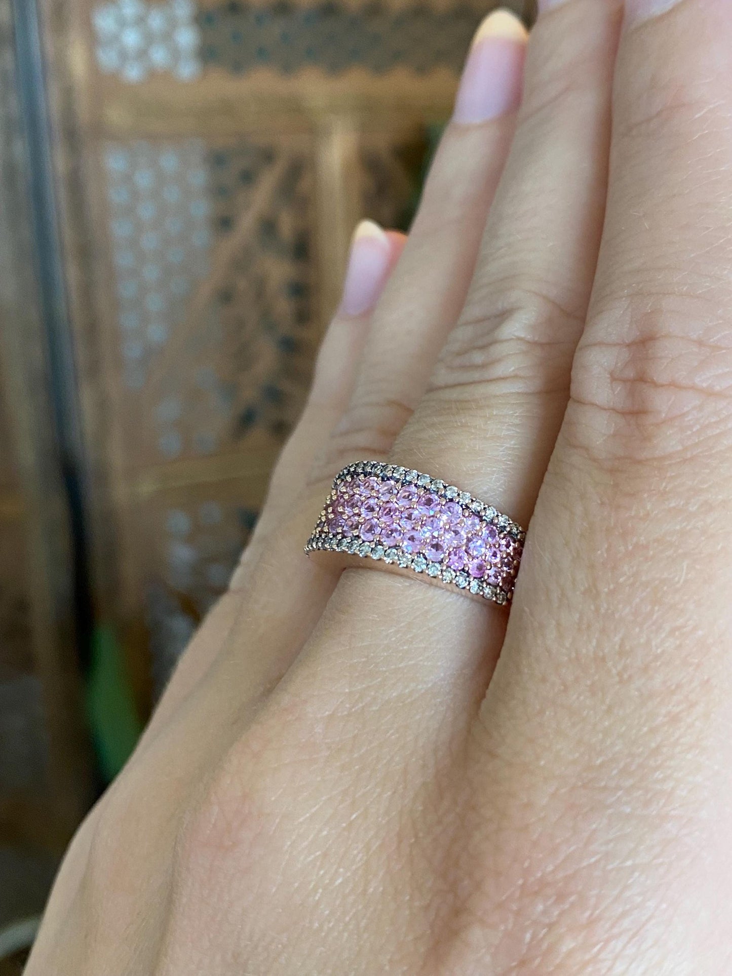Vintage Solid 14k Rose Gold Diamond Light Pink Sapphire Ring Band - Size 7