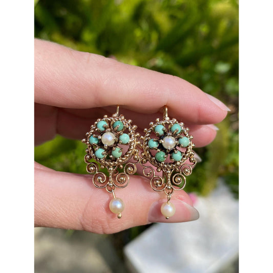 Vintage Solid 14k Yellow Gold Turquoise Pearl Ornate Dangle Drop Earrings