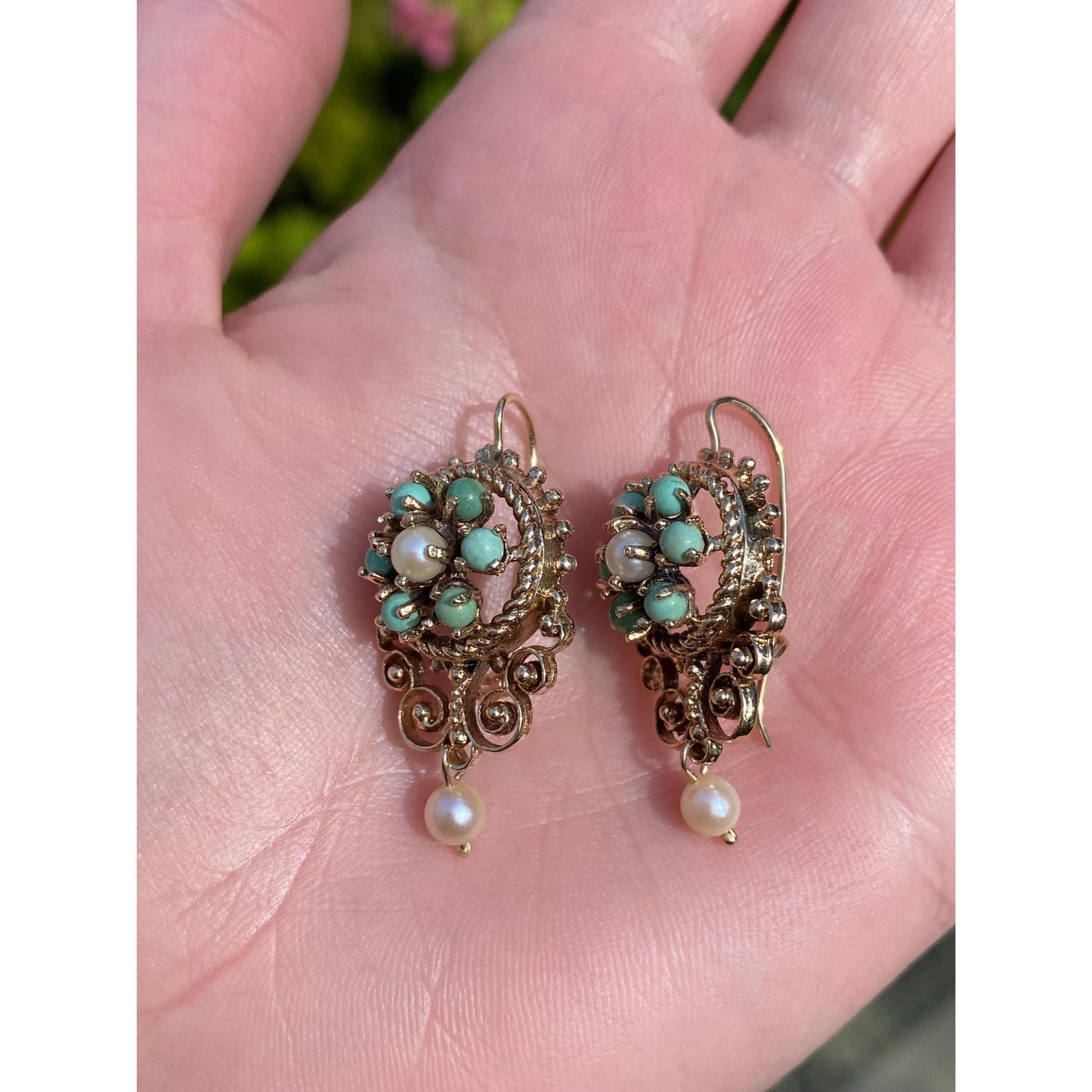 Vintage Solid 14k Yellow Gold Turquoise Pearl Ornate Dangle Drop Earrings