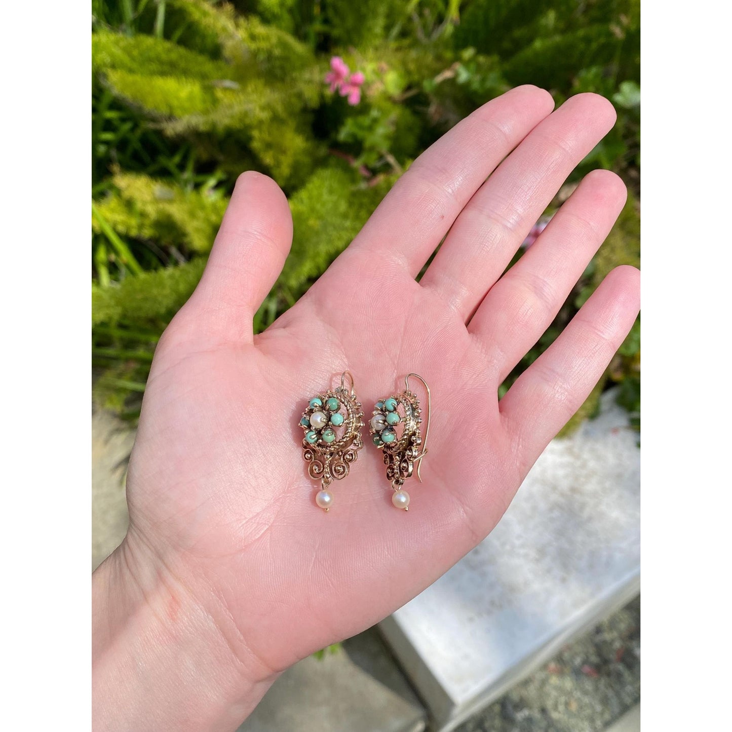 Vintage Solid 14k Yellow Gold Turquoise Pearl Ornate Dangle Drop Earrings