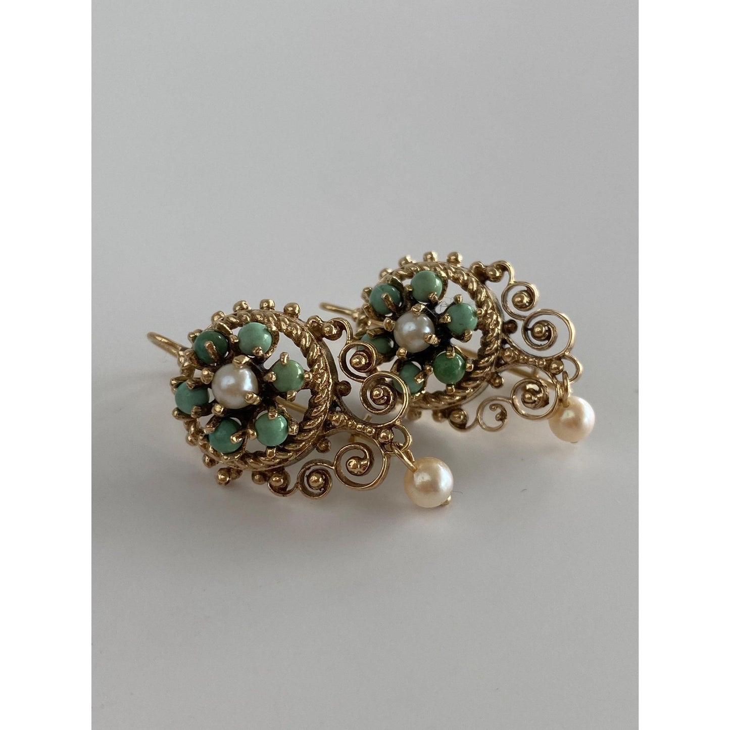 Vintage Solid 14k Yellow Gold Turquoise Pearl Ornate Dangle Drop Earrings