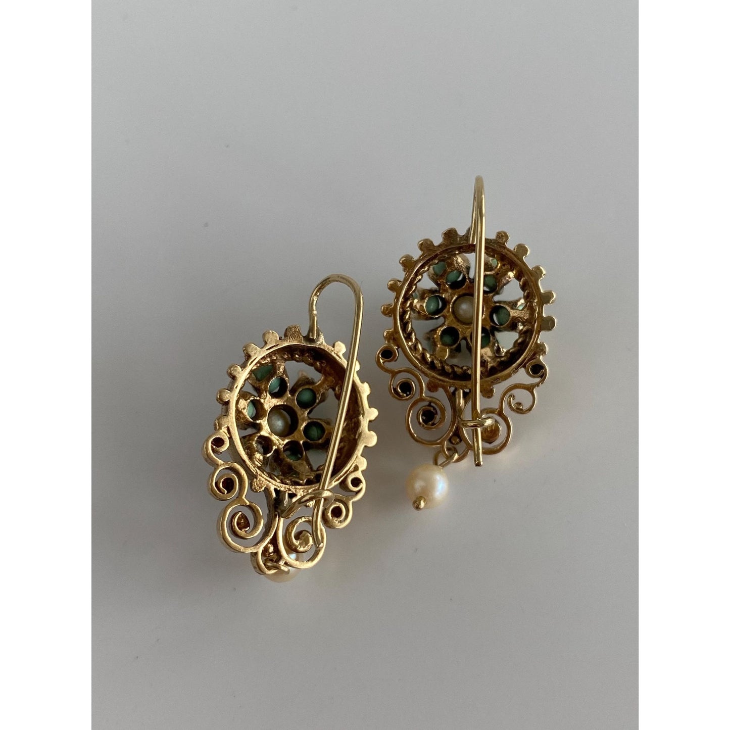 Vintage Solid 14k Yellow Gold Turquoise Pearl Ornate Dangle Drop Earrings