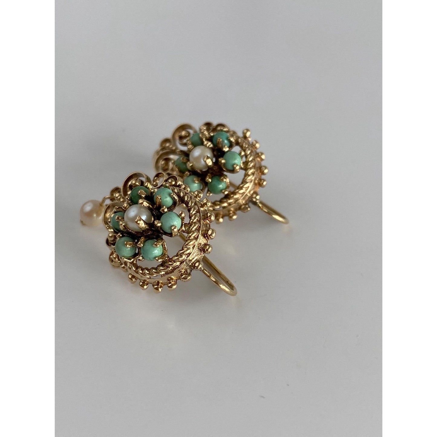 Vintage Solid 14k Yellow Gold Turquoise Pearl Ornate Dangle Drop Earrings