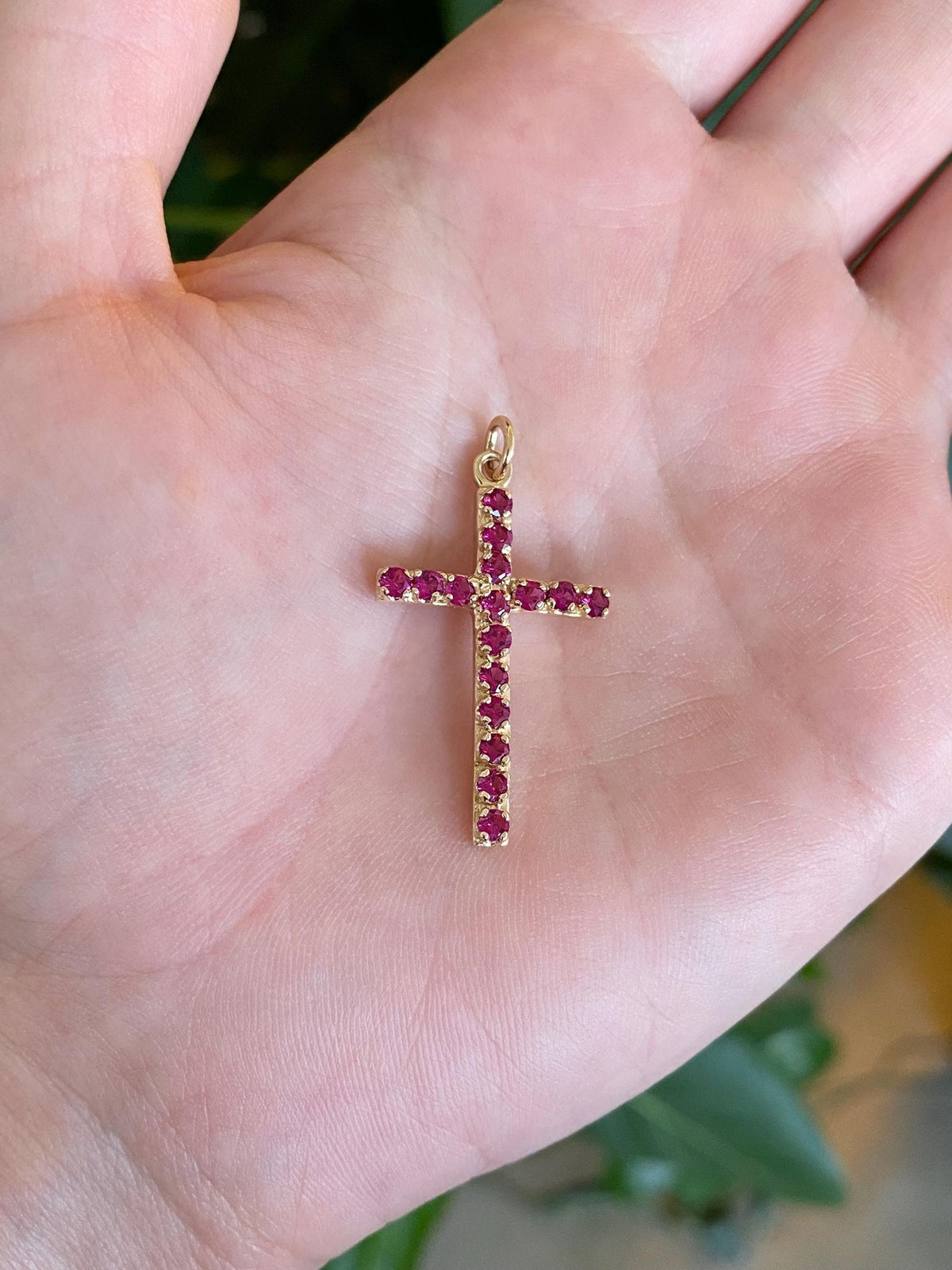 Vintage Solid 14k Yellow Gold Pink Sapphire Cross Charm