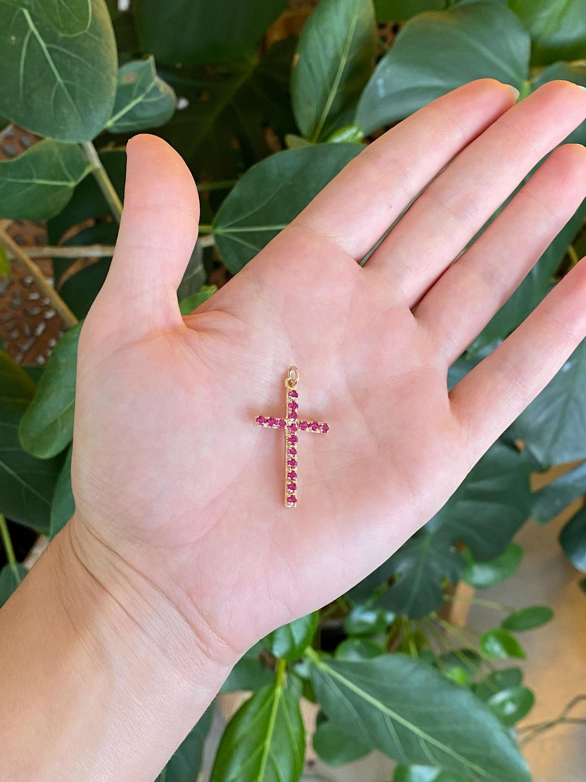Vintage Solid 14k Yellow Gold Pink Sapphire Cross Charm