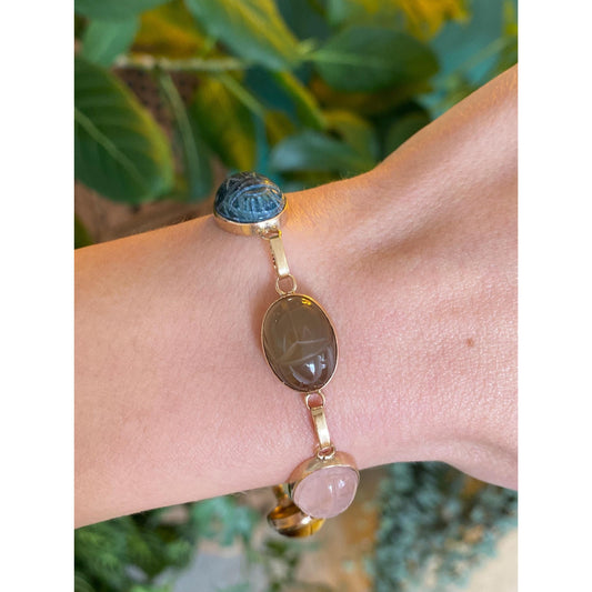 Solid 14k Yellow Gold Lapis Smokey Quartz Rose Quartz Tigers Eye Green Chalcedony Citrine Scarab Bracelet - 7.5 inches