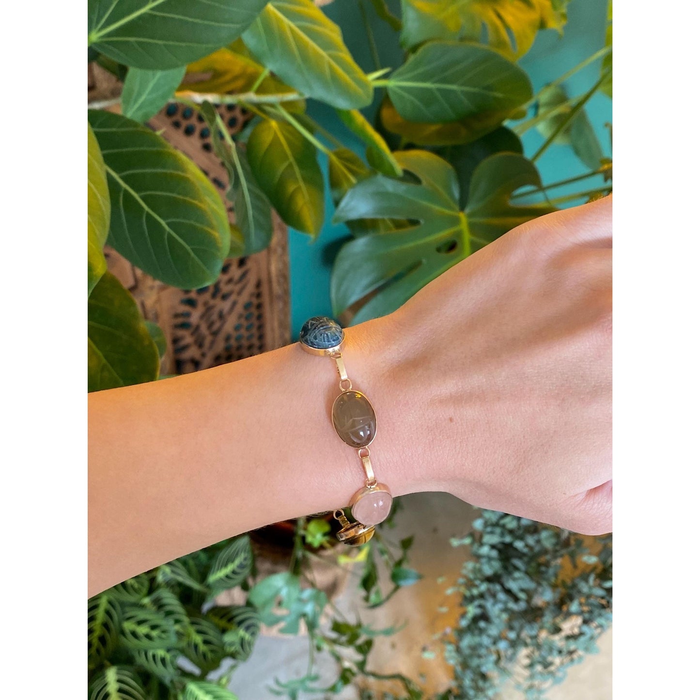 Solid 14k Yellow Gold Lapis Smokey Quartz Rose Quartz Tigers Eye Green Chalcedony Citrine Scarab Bracelet - 7.5 inches
