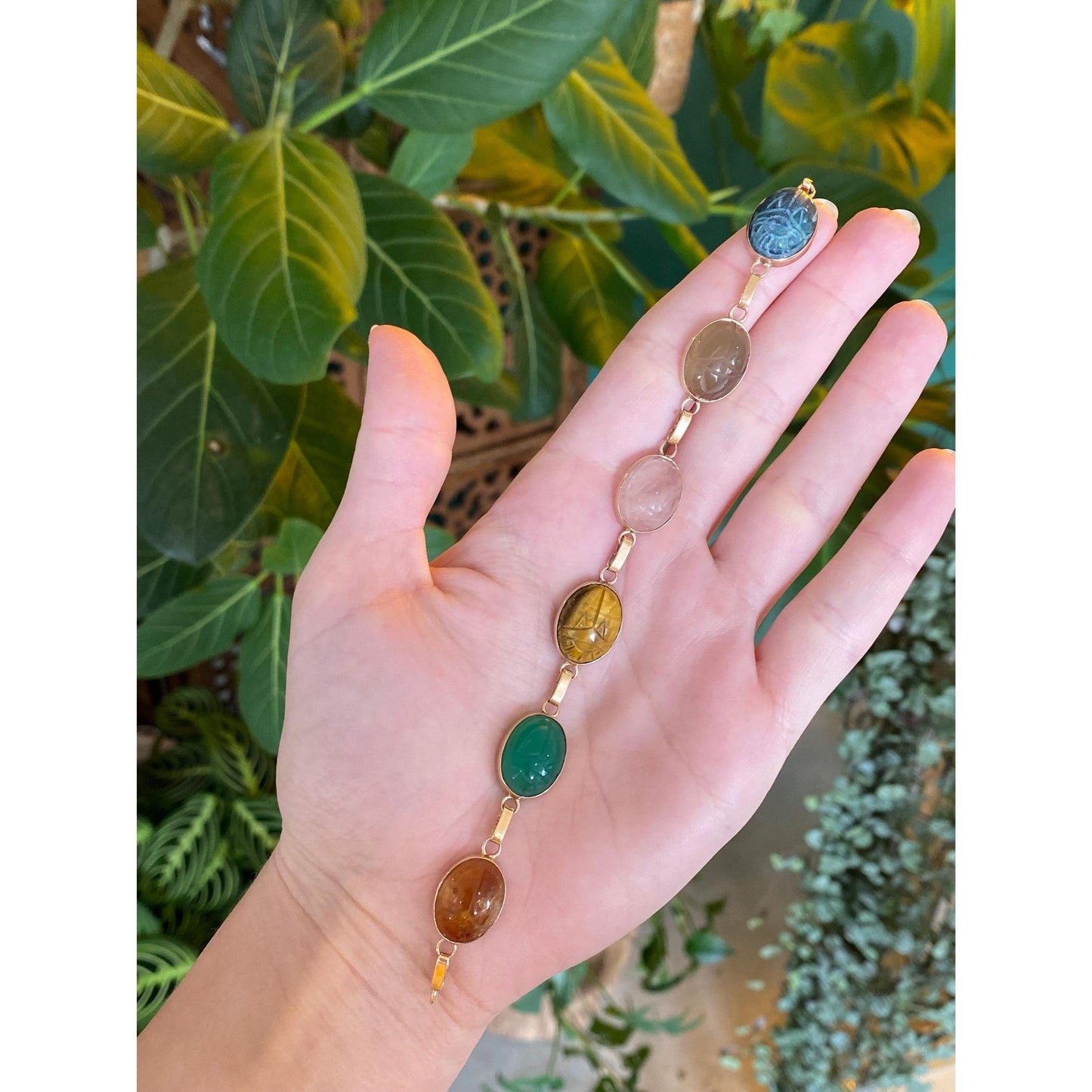 Solid 14k Yellow Gold Lapis Smokey Quartz Rose Quartz Tigers Eye Green Chalcedony Citrine Scarab Bracelet - 7.5 inches