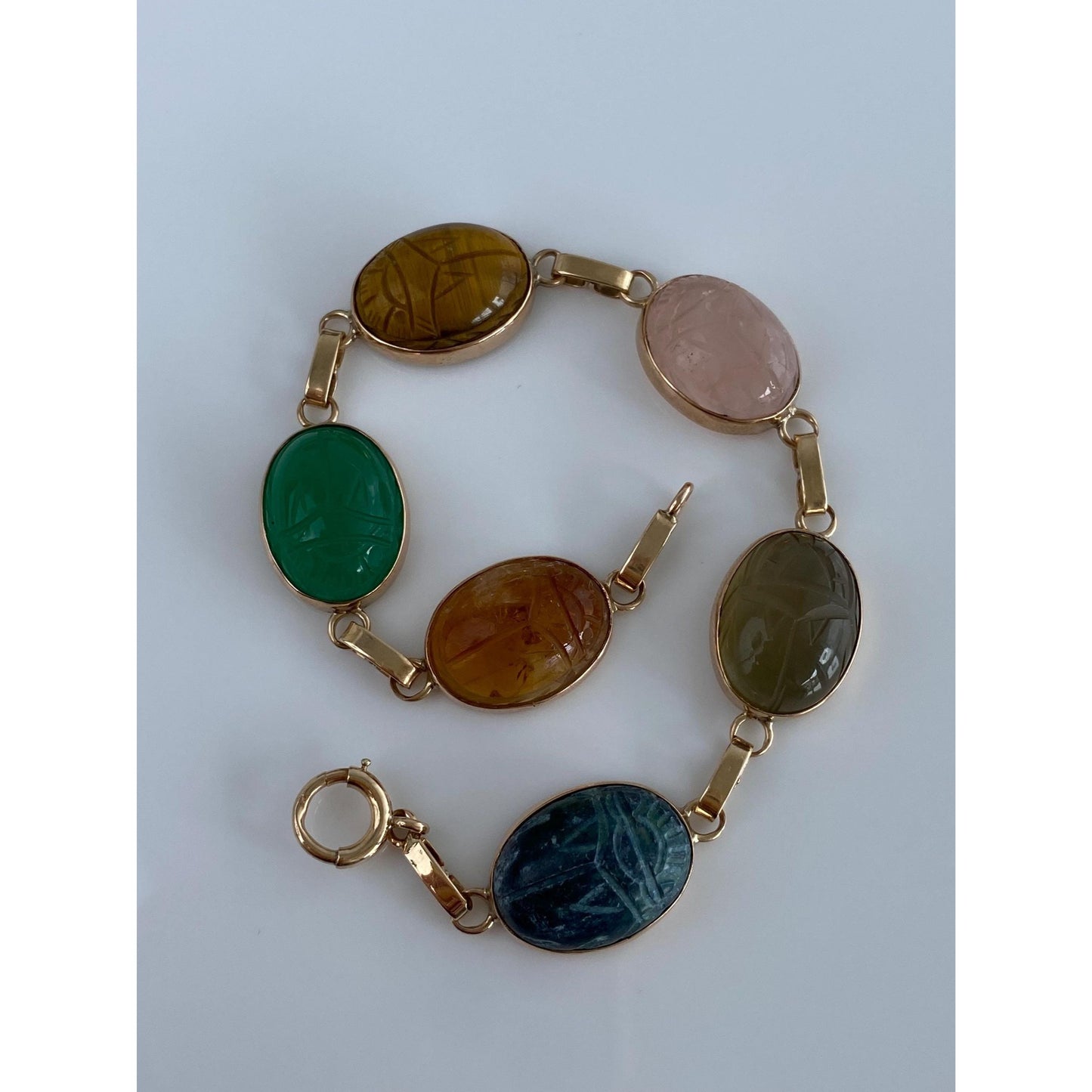 Solid 14k Yellow Gold Lapis Smokey Quartz Rose Quartz Tigers Eye Green Chalcedony Citrine Scarab Bracelet - 7.5 inches