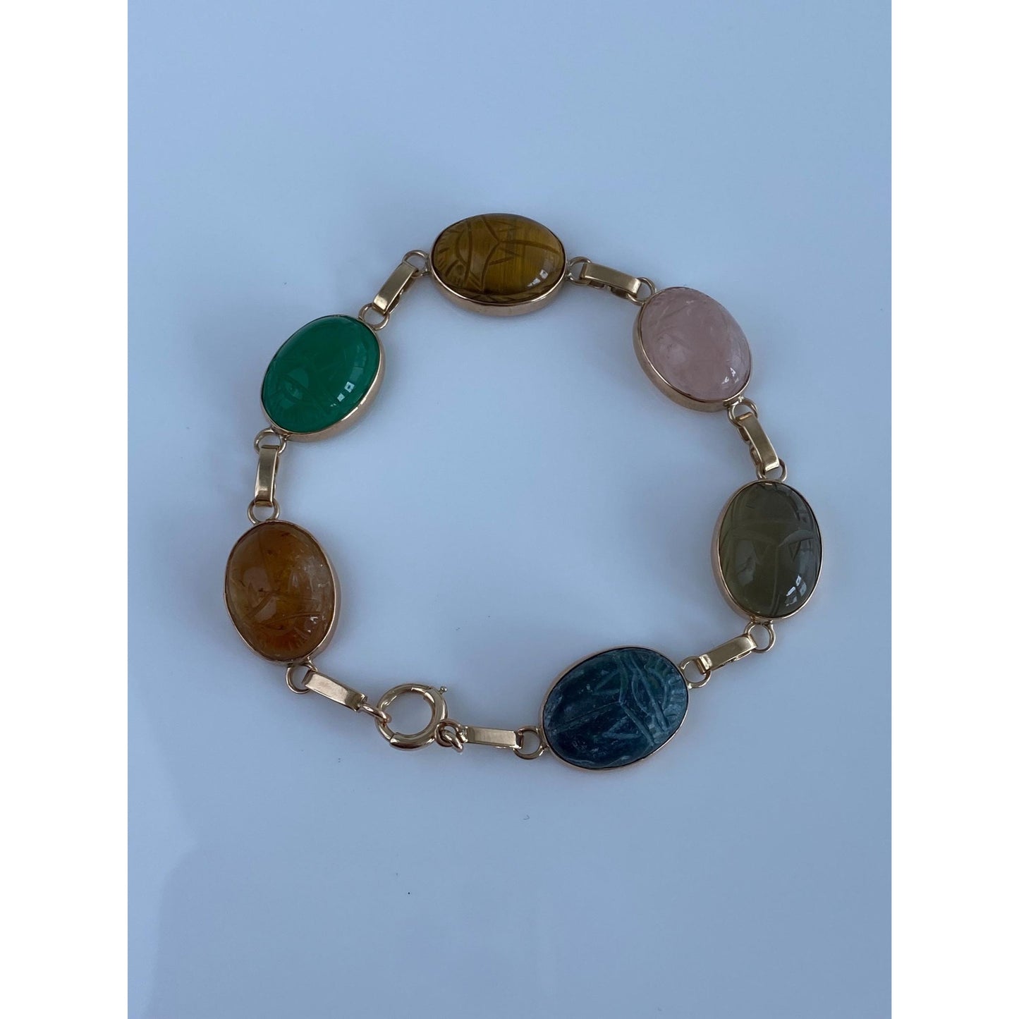 Solid 14k Yellow Gold Lapis Smokey Quartz Rose Quartz Tigers Eye Green Chalcedony Citrine Scarab Bracelet - 7.5 inches