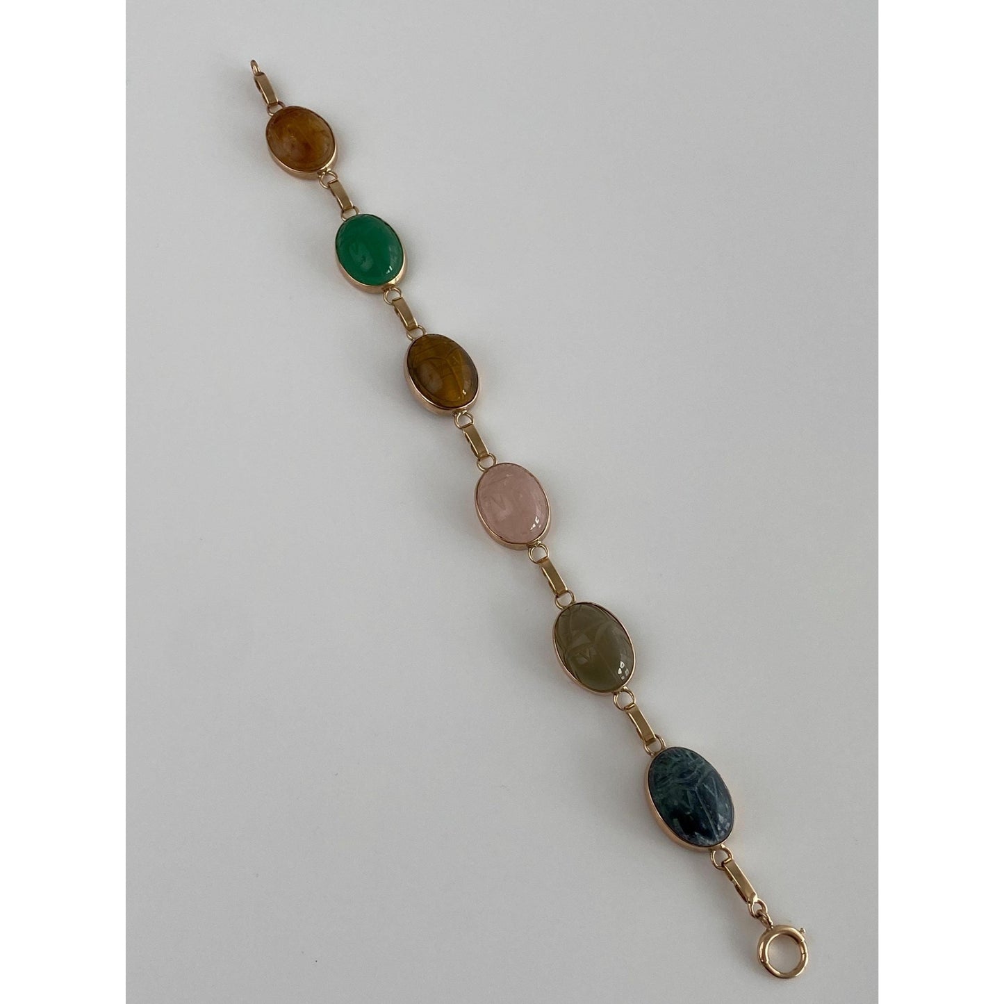 Solid 14k Yellow Gold Lapis Smokey Quartz Rose Quartz Tigers Eye Green Chalcedony Citrine Scarab Bracelet - 7.5 inches