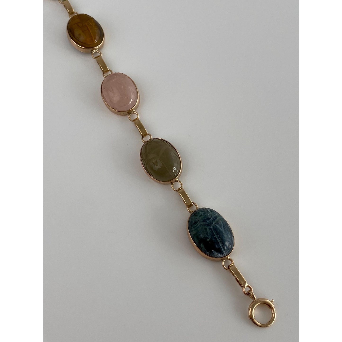 Solid 14k Yellow Gold Lapis Smokey Quartz Rose Quartz Tigers Eye Green Chalcedony Citrine Scarab Bracelet - 7.5 inches