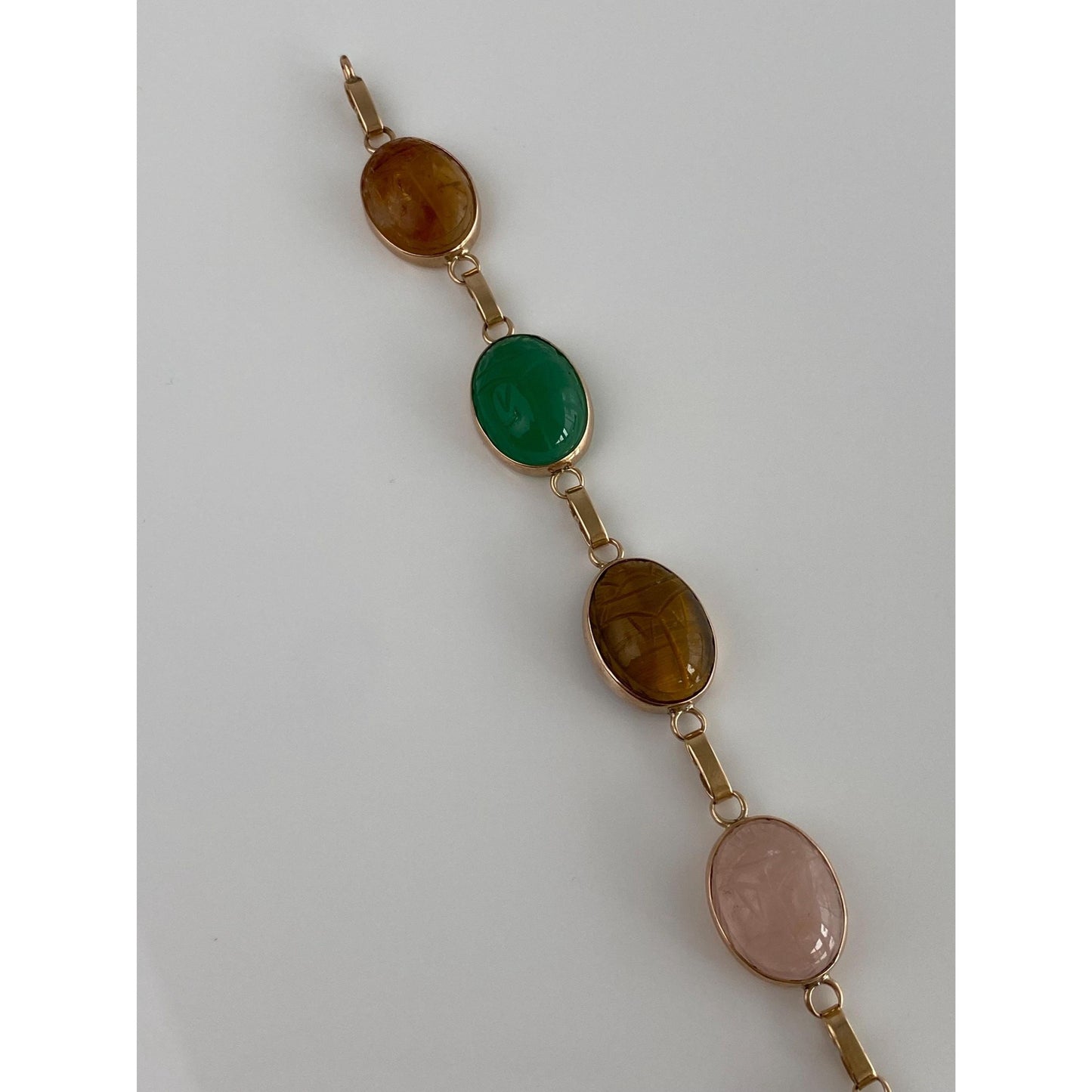 Solid 14k Yellow Gold Lapis Smokey Quartz Rose Quartz Tigers Eye Green Chalcedony Citrine Scarab Bracelet - 7.5 inches