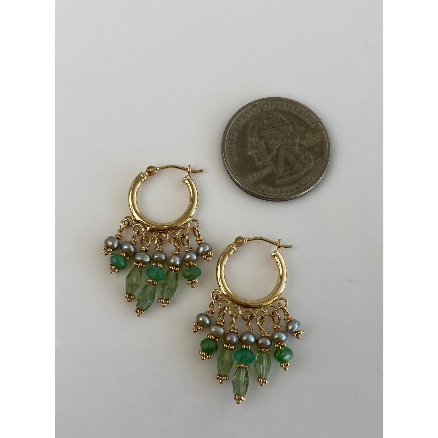 Vintage 14k Yellow Gold Green Bead Pearl Fringe Little Hoop Earrings