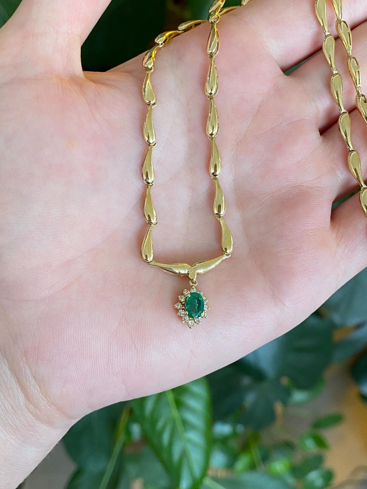 Vintage 18k Yellow Gold Emerald Diamond Halo Fancy Link Necklace - 16.75 inches