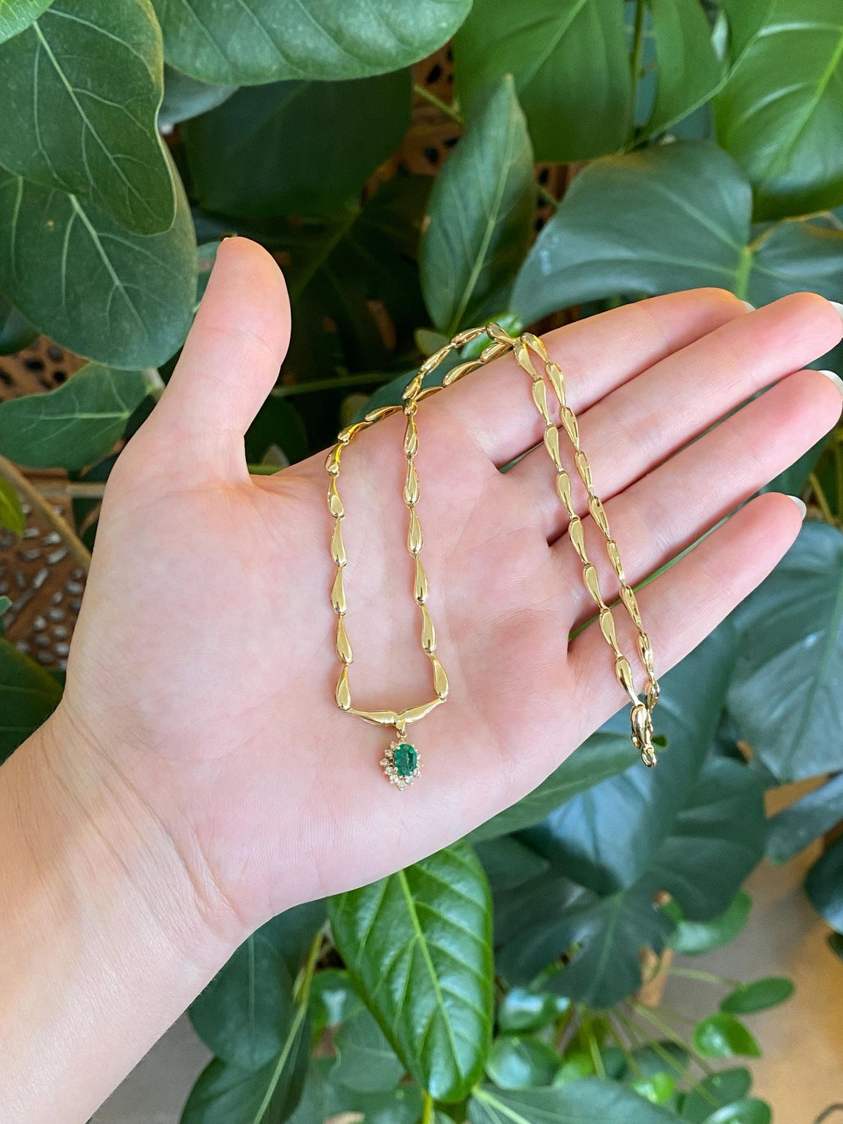 Vintage 18k Yellow Gold Emerald Diamond Halo Fancy Link Necklace - 16.75 inches