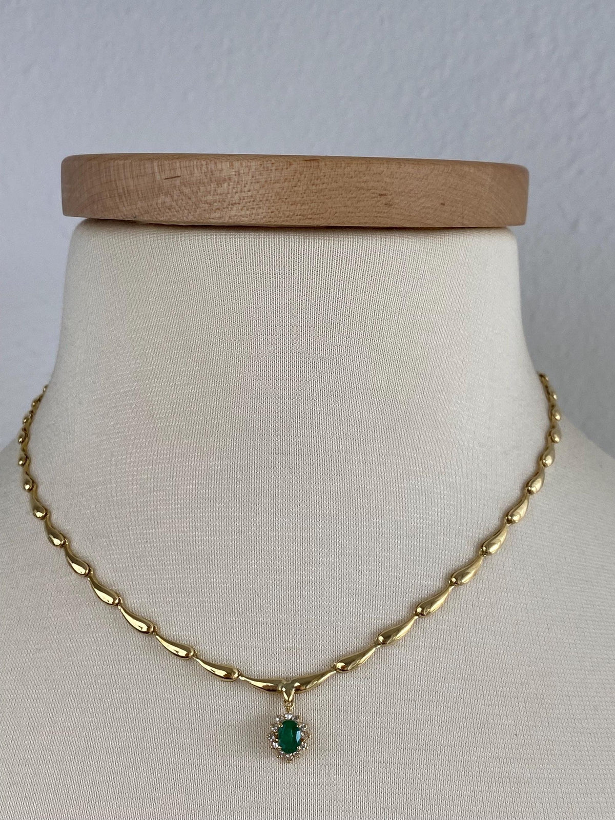 Vintage 18k Yellow Gold Emerald Diamond Halo Fancy Link Necklace - 16.75 inches
