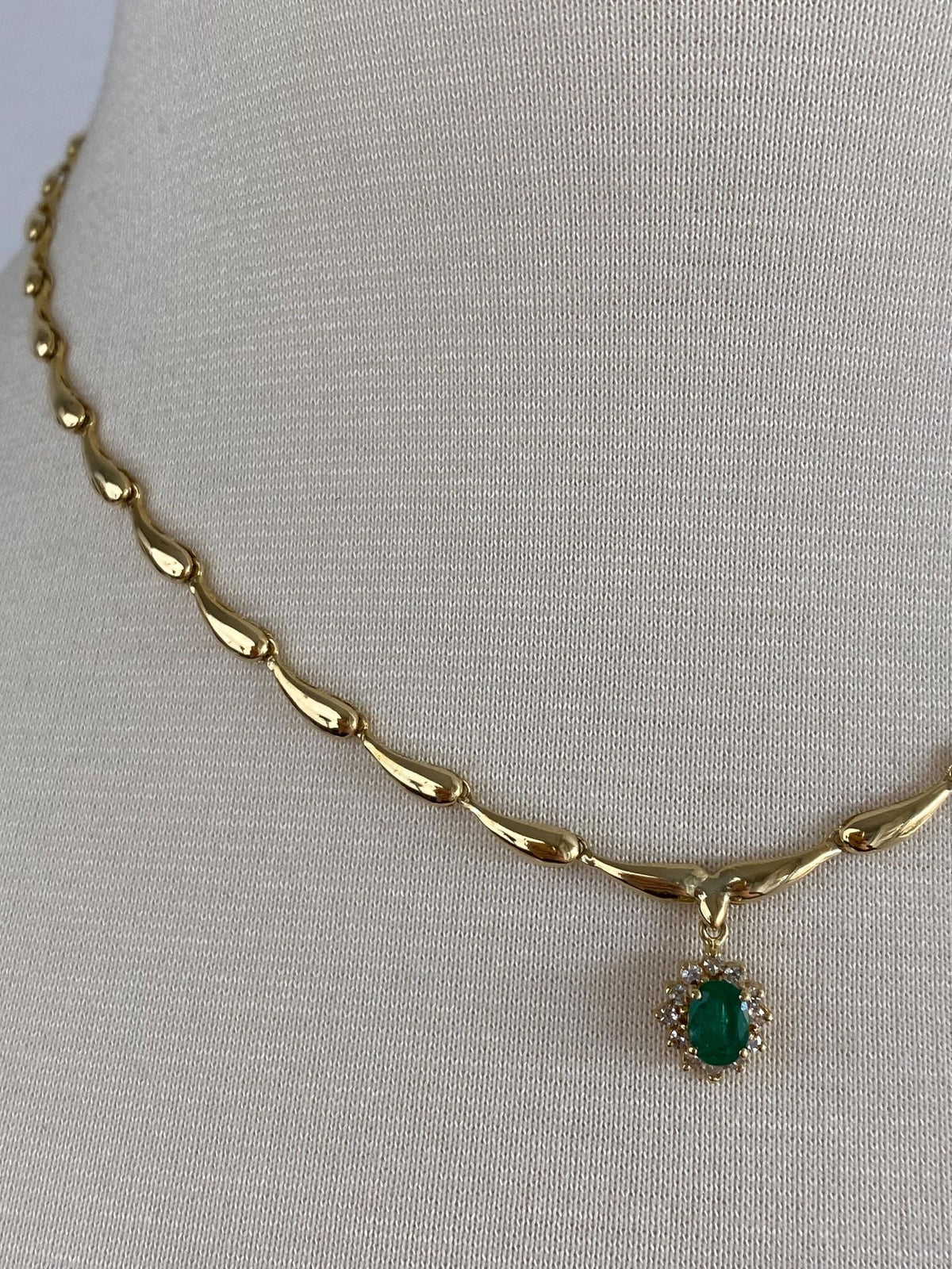 Vintage 18k Yellow Gold Emerald Diamond Halo Fancy Link Necklace - 16.75 inches